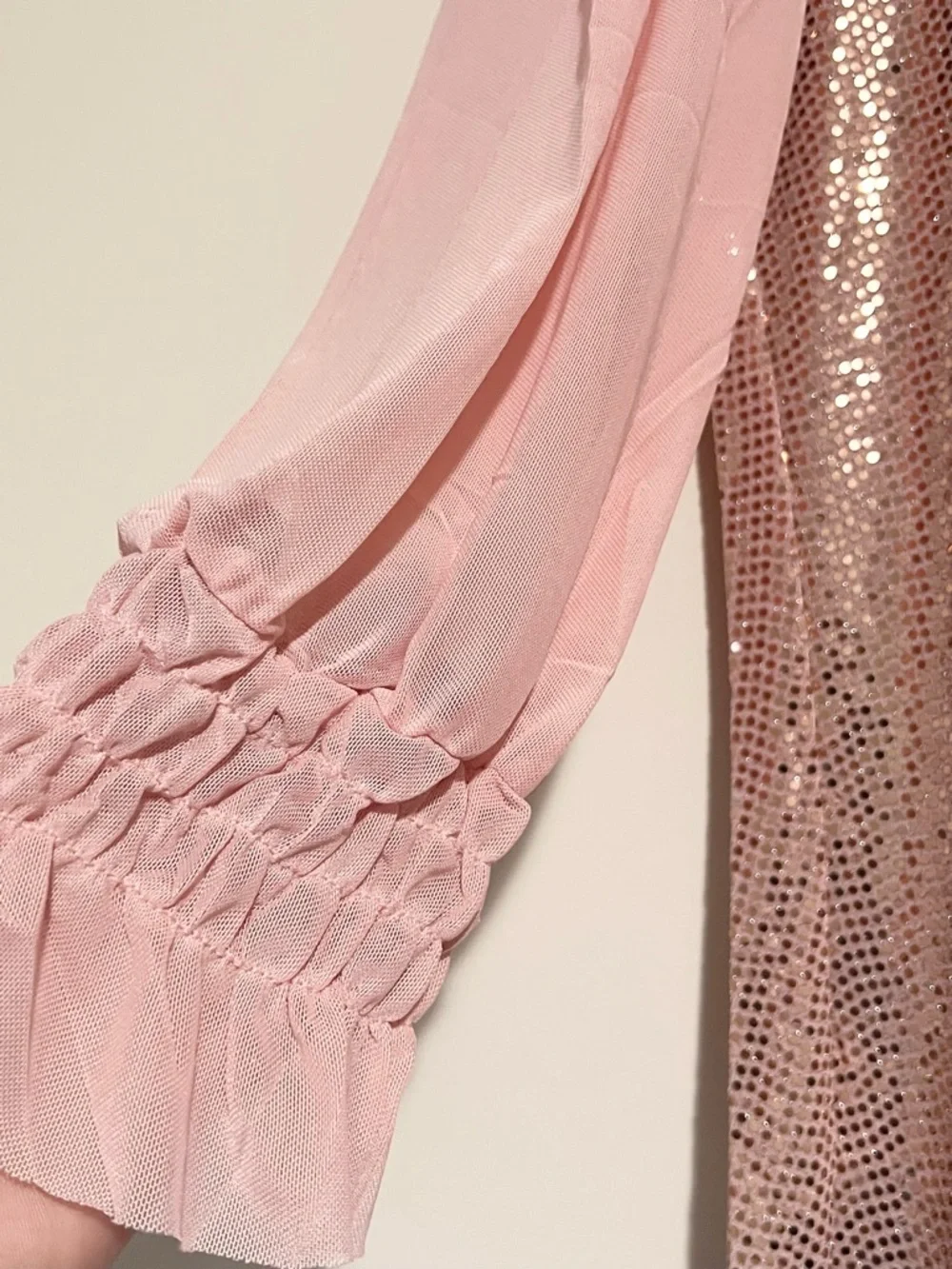 Origami Sequin Blush Pink Mini Dress with Sheer Sleeves - Picture 3 of 9
